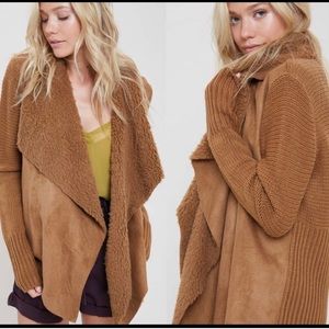 Suede Open Cardigan with Faux Fur
